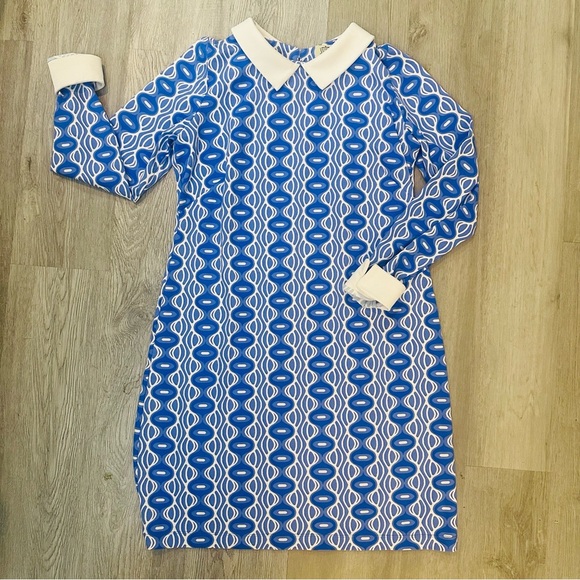 Retro Katherine Way 60s Style Shift Dress Large Geometric AOP 3/4 Sleeve Stretch - Picture 1 of 6